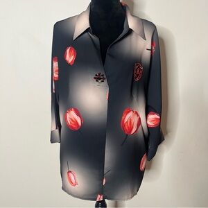 KAPRIS 3 Women’s Luxury‎ Black Floral Collared V~Neck Back Button Jeweled Blouse